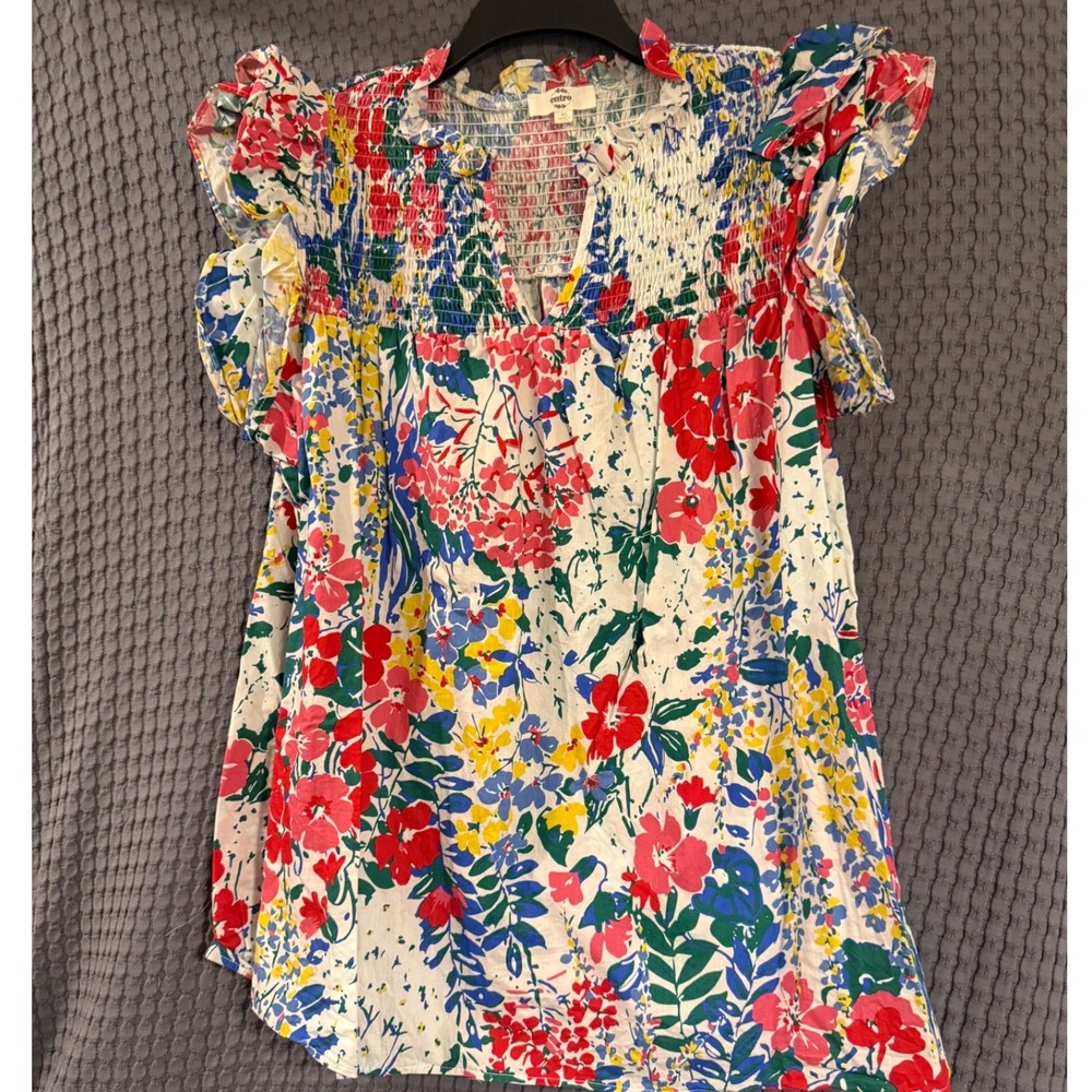 Entro Blouse Women XL Multicolor Excellent Floral Smocked Flutter Sleeve Top